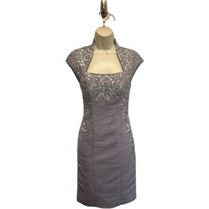 Sue Wong Nocturne Pearl Gray Embroidered Beaded Mesh Drape Cocktail Dress 4